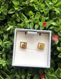 Customized Kufi Name Earrings in 925 sterling silver, also available with gold plating. Designed in Jordan and shipped worldwide.