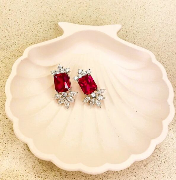 Blushing Ruby Earrings in 925 sterling silver with semi-precious ruby stones, shipped worldwide including UAE, Saudi Arabia, USA & UK.