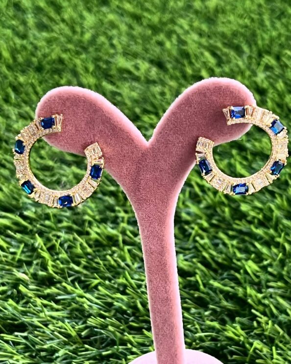 Circle Sapphire Earrings in 925 sterling silver with gold plating and semi-precious sapphire stones, shipped worldwide including UAE, Saudi Arabia, USA & UK.
