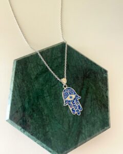 Hamsa Evil Eye Necklace in 925 sterling silver with blue enamel