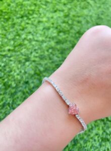 Delicate Barbie Tennis Bracelet – silver pink bracelet with heart charm, handcrafted in Jordan, ships worldwide (UAE, KSA, Saudi Arabia).