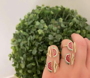 Watermelon Map Ring – 925 Sterling Silver with gold finish, featuring watermelon motif and Palestine map in zircon
