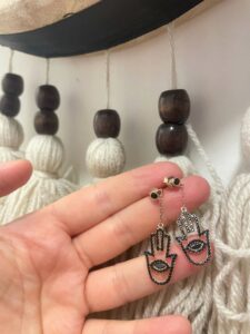 Hamsa Dangling Earrings in 925 sterling silver, intricate design, shipped worldwide including UAE, Saudi Arabia, USA & UK.