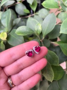 I Love You Darling Ruby Heart Stud Earrings in 925 sterling silver with vibrant ruby stones, shipped worldwide including UAE, Saudi Arabia, USA & UK.